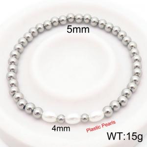 4mm Prastic Pearls Link Chain Stainless Steel Beads Bracelet Silver Color - KB185353-Z