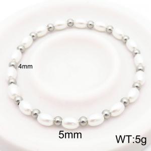 5mm Prastic Pearls Link Chain Stainless Steel Beads Bracelet Silver Color - KB185356-Z