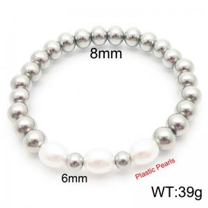 8mm Prastic Pearls Link Chain Stainless Steel Beads Bracelet Silver Color - KB185360-Z