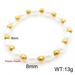 6mm Prastic Pearls Link Chain Stainless Steel Beads Bracelet Gold Color - KB185361-Z