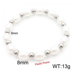 6mm Prastic Pearls Link Chain Stainless Steel Beads Bracelet Silver Color - KB185362-Z