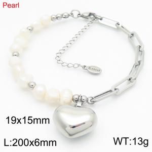 Fashionable stainless steel square wire chain paired with pearl peach heart bracelet - KB186960-Z