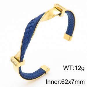 European and American fashion personality stainless steel 18k gold-plated twisted diamond set C-shaped opening charm blue leather bracelet - KB187683-KFC