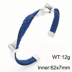 European and American fashion personality stainless steel twisted diamond set C-shaped opening charm blue leather bracelet - KB187684-KFC