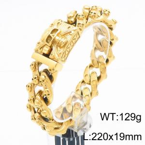 Punk style retro personality stainless steel skull Cuban chain rectangular buckle men's domineering gold bracelet - KB187686-KJX