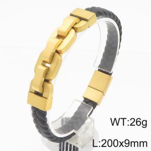 Fashionable stainless steel creative square wide chain splicing black woven leather rope rectangular buckle temperament charm gold leather bracelet - KB188296-KLHQ