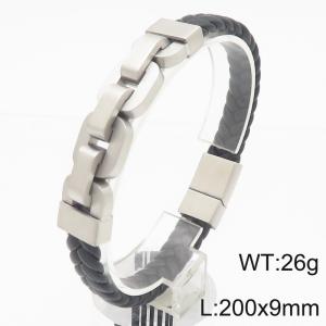 Fashionable stainless steel creative square wide chain splicing black woven leather rope rectangular buckle temperament charm silver leather bracelet - KB188298-KLHQ