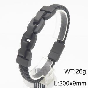 Fashionable stainless steel creative square wide chain splicing black woven leather rope rectangular buckle temperament charm black leather bracelet - KB188299-KLHQ