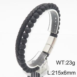 Fashionable stainless steel creative frosted stone bead bracelet splicing black leather rope temperament charm double-layer leather bracelet - KB188302-KLHQ