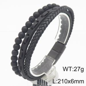 Fashionable stainless steel creative three-layer mixed and matched frosted stone beads woven leather rope temperament charm black leather rope bracelet - KB188305-KLHQ