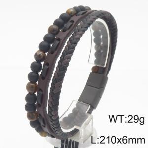 Fashionable stainless steel creative three-layer mixed bag cat eye stone bead woven leather rope temperament charm zongzi color leather rope bracelet - KB188306-KLHQ