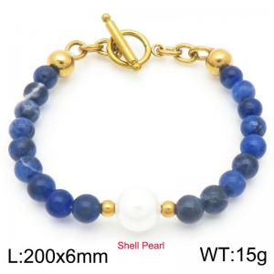 Stainless steel OT buckle bead Natural blue patterned beads, shell pearls, gold bracelet - KB188318-Z