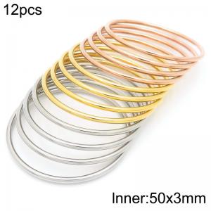 12pcs 50X3mm Women Stainless Steel Gold&Silver&Rose Gold Bangle - KB188749-GC