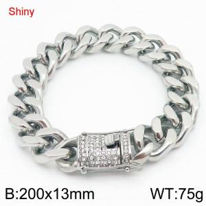 Shiny Stainless Steel 304 Rhinestone Buckle Cuban Bracelet Men's Silver Color - KB189035-Z