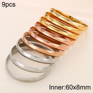 60x8mm Wholesale Jewelry Circle Smooth Bangle 9pcs A Set Three Color Stainless Steel Bangles Set - KB191084-GC