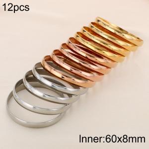 60x8mm Wholesale Jewelry Circle Smooth Bangle 12pcs A Set Three Color Stainless Steel Bangles Set - KB191087-GC