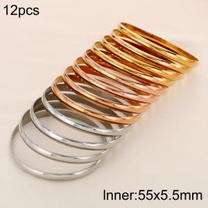 55x5.5mm Wholesale Jewelry Circle Smooth Bangle 12pcs A Set Three Color Stainless Steel Bangles Set - KB191089-GC