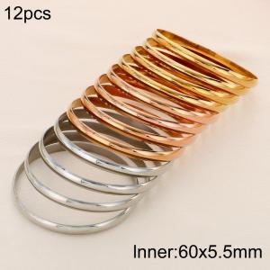 60x5.5mm Wholesale Jewelry Circle Smooth Bangle 12pcs A Set Three Color Stainless Steel Bangles Set - KB191091-GC