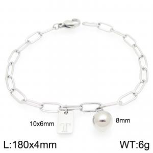 Stainless Steel Geometric Bracelet With Steel Beads Pendant Silver Color Letter T - KB205113-Z