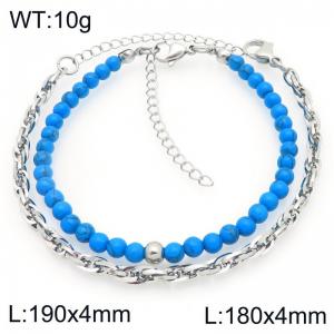 2pcs Jewelry Set Fashion Blue Turquoise Stone Bead Stainless Steel Flat Twist Chain Bracelet Gold Silver Color Party Jewelry Birthday Gift Wholsale - KB207142-Z