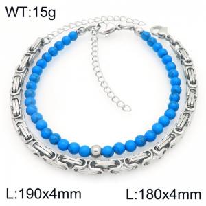 2pcs Jewelry Set Fashion Blue Turquoise Stone Bead Stainless Steel Cuban Emperor Chain Bracelet Gold Silver Color Party Jewelry Birthday Gift Wholsale - KB207143-Z