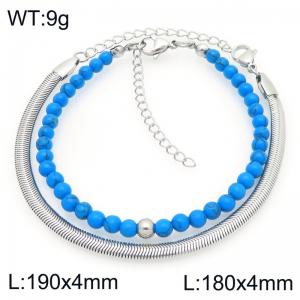 2pcs Jewelry Set Fashion Blue Turquoise Stone Bead Stainless Steel Snake Bone Chain Bracelet Gold Silver Color Party Jewelry Birthday Gift Wholsale - KB207144-Z