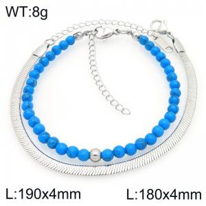 2pcs Jewelry Set Fashion Blue Turquoise Stone Bead Stainless Steel Blade Chain Bracelet Gold Silver Color Party Jewelry Birthday Gift Wholsale - KB207145-Z