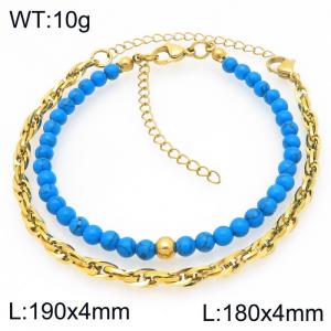 2pcs Jewelry Set Fashion Blue Turquoise Stone Bead Stainless Steel Flat Twist Chain Bracelet Gold Silver Color Party Jewelry Birthday Gift Wholsale - KB207147-Z