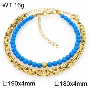 2pcs Jewelry Set Fashion Blue Turquoise Stone Bead Stainless Steel Cuban Emperor Chain Bracelet Gold Silver Color Party Jewelry Birthday Gift Wholsale - KB207148-Z