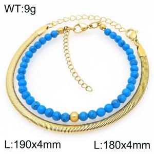 2pcs Jewelry Set Fashion Blue Turquoise Stone Bead Stainless Steel Snake Bone Chain Bracelet Gold Silver Color Party Jewelry Birthday Gift Wholsale - KB207149-Z