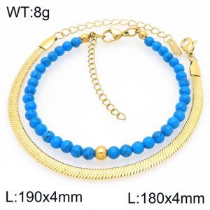 2pcs Jewelry Set Fashion Blue Turquoise Stone Bead Stainless Steel Blade Chain Bracelet Gold Silver Color Party Jewelry Birthday Gift Wholsale - KB207150-Z
