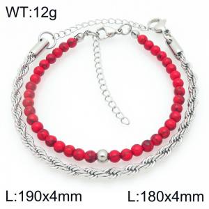 2pcs Jewelry Set Fashion Red Pine Stone Bead Stainless Steel Twist Chain Bracelet Gold Silver Color Party Jewelry Birthday Gift - KB207151-Z