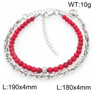 2pcs Jewelry Set Fashion Red Pine Stone Bead Stainless Steel Flat Twist Chain Bracelet Gold Silver Color Party Jewelry Birthday Gift - KB207152-Z