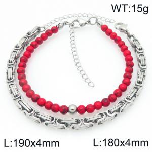 2pcs Jewelry Set Fashion Red Pine Stone Bead Stainless Steel Cuban Emperor Chain Bracelet Party Jewelry Birthday Gift - KB207153-Z