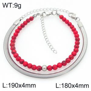 2pcs Jewelry Set Fashion Red Pine Stone Bead Stainless Steel Snake Bone Chain Bracelet Party Jewelry Birthday Gift - KB207154-Z