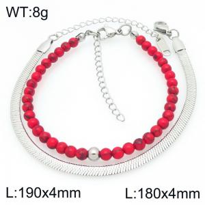 2pcs Jewelry Set Fashion Red Pine Stone Bead Stainless Steel Blade Chain Bracelet Party Jewelry Birthday Gift - KB207155-Z