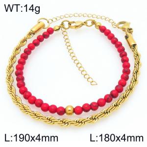 2pcs Jewelry Set Fashion Red Pine Stone Bead Stainless Steel Twist Chain Bracelet Gold Silver Color Party Jewelry Birthday Gift - KB207156-Z