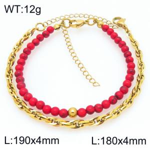 2pcs Jewelry Set Fashion Red Pine Stone Bead Stainless Steel Flat Twist Chain Bracelet Gold Silver Color Party Jewelry Birthday Gift - KB207157-Z