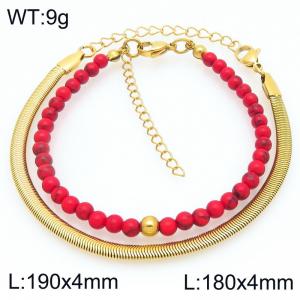2pcs Jewelry Set Fashion Red Pine Stone Bead Stainless Steel Snake Bone Chain Bracelet Party Jewelry Birthday Gift - KB207159-Z