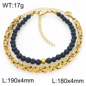 2pcs Jewelry Set Fashion Volcanic Rock Bead Stainless Steel Cuban Emperor Chain Bracelet Gold Silver Color Party Jewelry Birthday Gift Wholsale - KB207178-Z