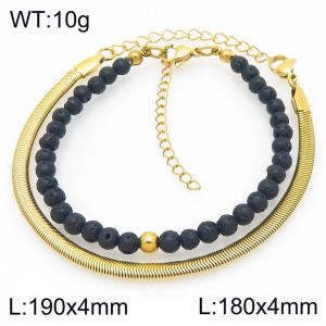 2pcs Jewelry Set Fashion Volcanic Rock Bead Stainless Steel Snake Bone Chain Bracelet Gold Silver Color Party Jewelry Birthday Gift Wholsale - KB207179-Z