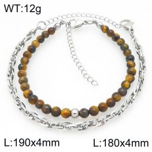 2pcs Jewelry Set Fashion Tiger Eye Stone Bead Stainless Steel Flat Twist Chain Bracelet Gold Silver Color Party Jewelry Birthday Gift - KB207182-Z