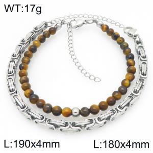 2pcs Jewelry Set Fashion Tiger Eye Stone Bead Stainless Steel Cuban Emperor Chain Bracelet Gold Silver Color Party Jewelry Birthday Gift - KB207183-Z