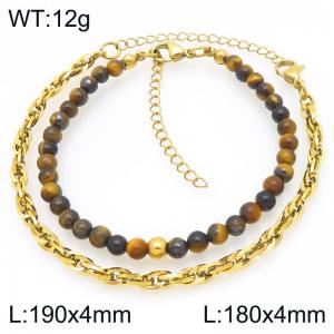 2pcs Jewelry Set Fashion Tiger Eye Stone Bead Stainless Steel Flat Twist Chain Bracelet Gold Silver Color Party Jewelry Birthday Gift - KB207187-Z
