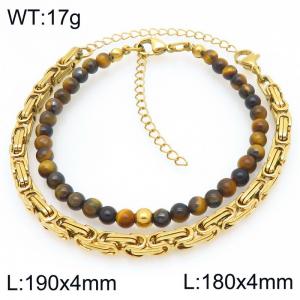 2pcs Jewelry Set Fashion Tiger Eye Stone Bead Stainless Steel Cuban Emperor Chain Bracelet Gold Silver Color Party Jewelry Birthday Gift - KB207188-Z