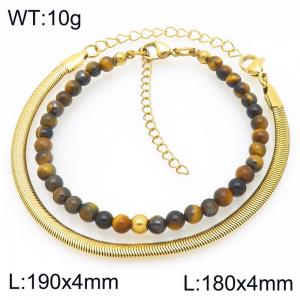 2pcs Jewelry Set Fashion Tiger Eye Stone Bead Stainless Steel Snake Bone Chain Bracelet Gold Silver Color Party Jewelry Birthday Gift - KB207189-Z
