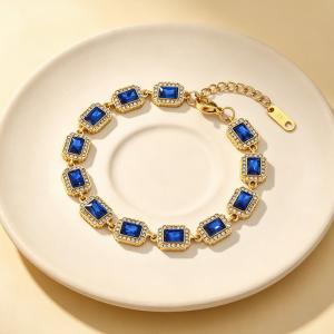 Vintage Royal Blue Rectangular Cubic Zirconia Halo Bracelet Gold Plated Elegant Gemstone Chain Bracelet - KB216307-CAJY