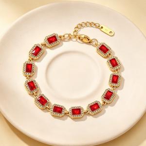 Vintage Royal Rectangular Cubic Zirconia Halo Bracelet Gold Plated Elegant Gemstone Chain Bracelet - KB216310-CAJY