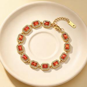 Vintage Royal Rectangular Cubic Zirconia Halo Bracelet Gold Plated Elegant Gemstone Chain Bracelet - KB216312-CAJY