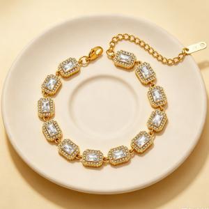 Vintage Royal Rectangular Cubic Zirconia Halo Bracelet Gold Plated Elegant Gemstone Chain Bracelet - KB216313-CAJY